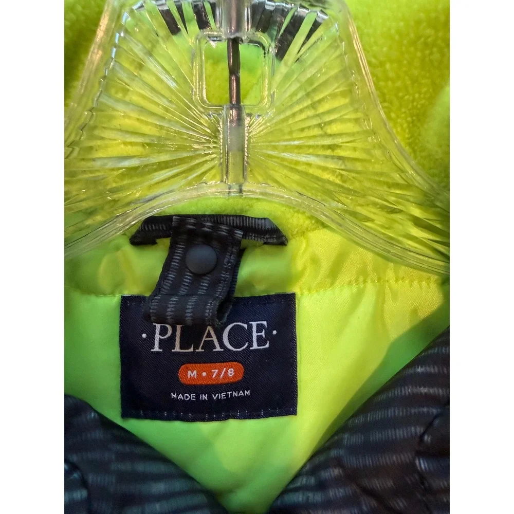 The Childrens Place Unisex Black Grey Puffer Jacket Neon Fleece Lined Size M 7/8